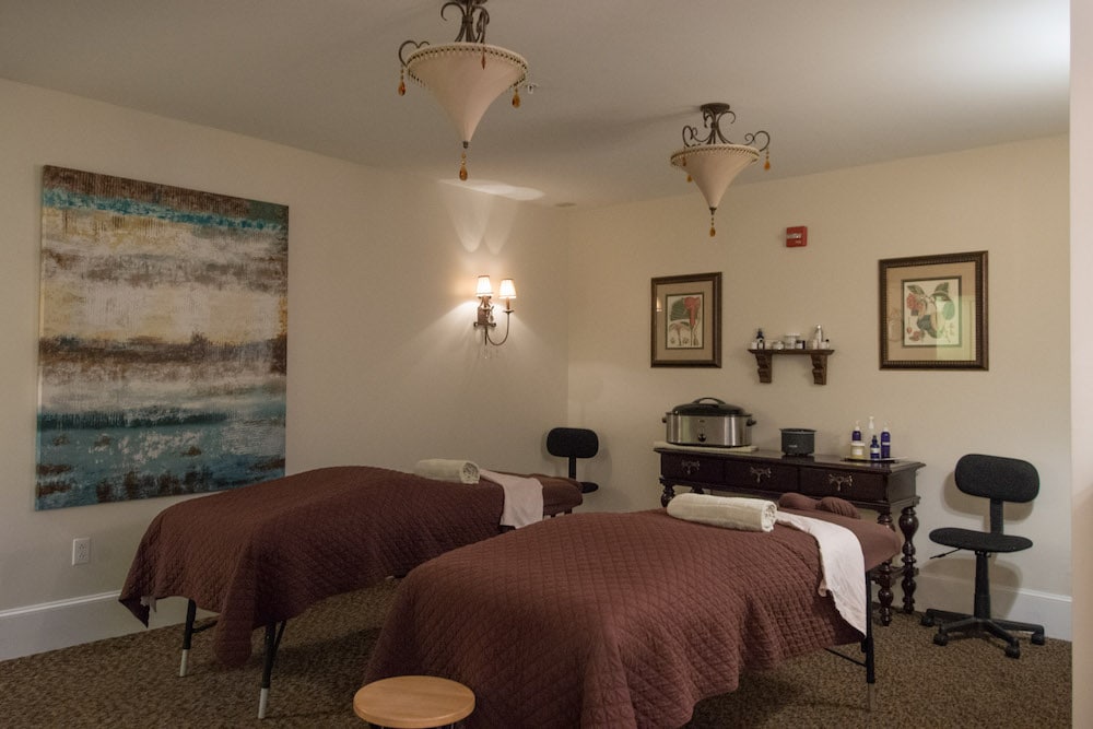 Massage room set for a couple's massage.