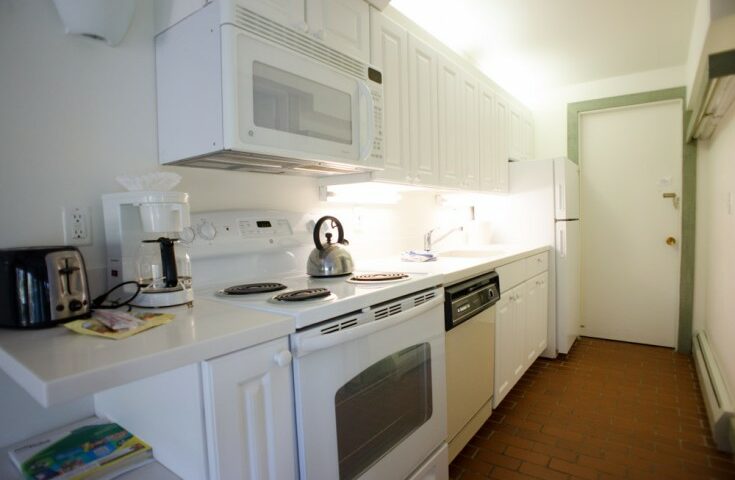 Kitchen with microwave and coffee machine in a hotel room